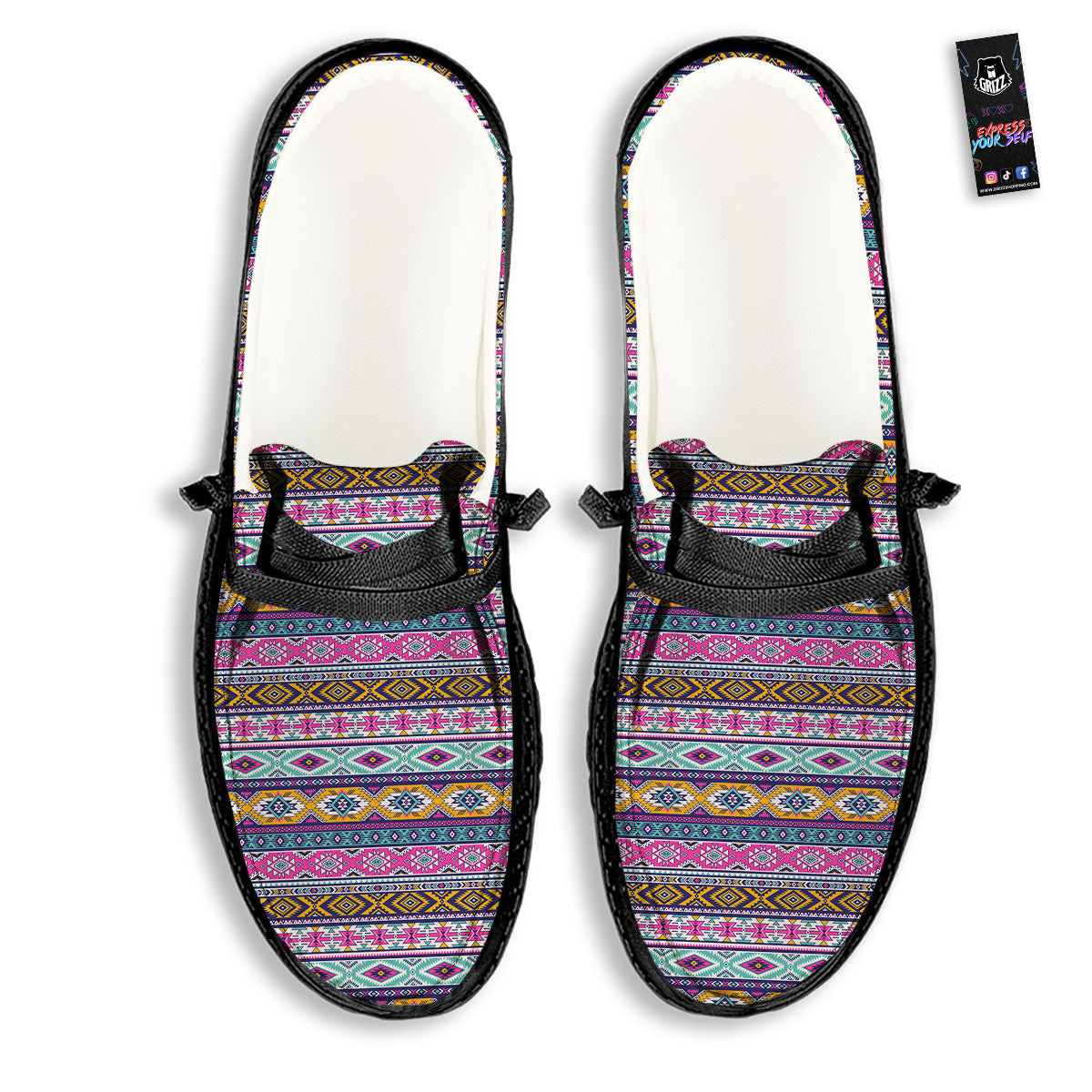 Aztec Bright Colors Print Pattern Black Loafers-grizzshop