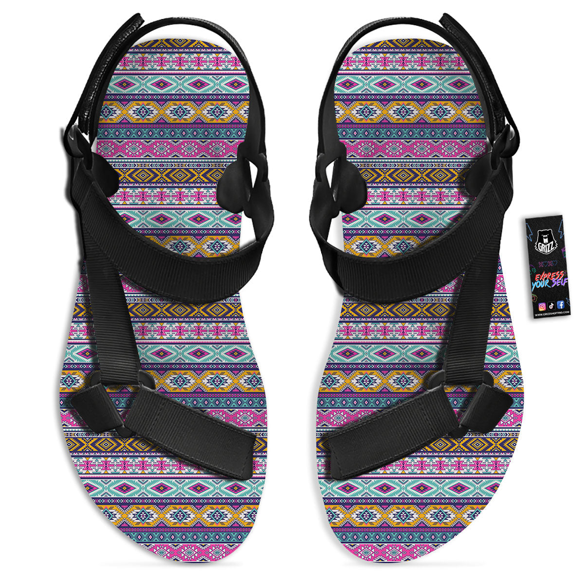 Aztec Bright Colors Print Pattern Black Open Toe Sandals-grizzshop