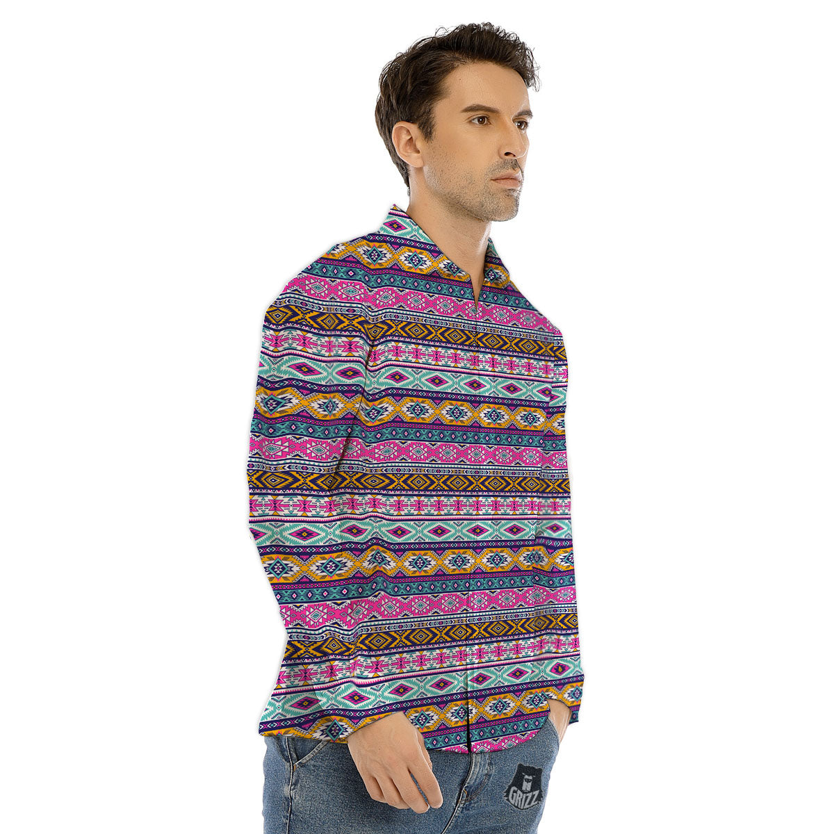 Aztec Bright Colors Print Pattern Men's Dress Shirts-grizzshop