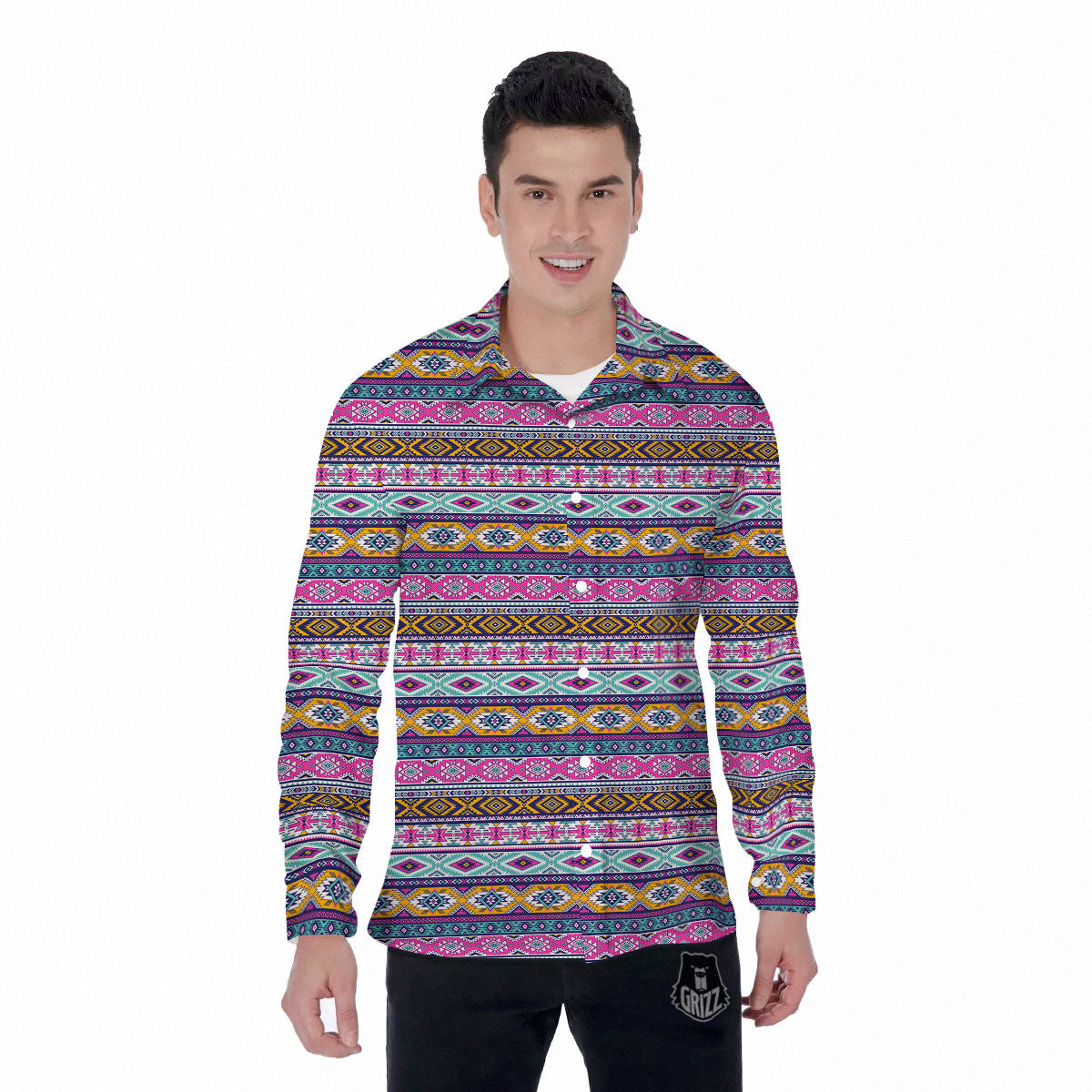 Aztec Bright Colors Print Pattern Men's Long Sleeve Shirts-grizzshop
