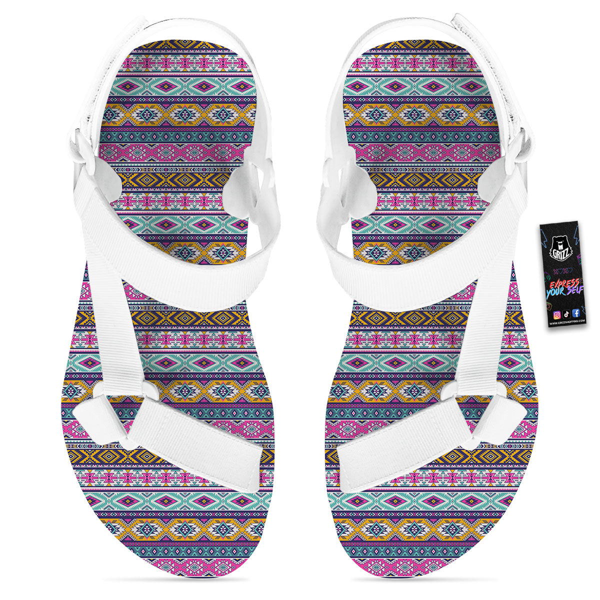 Aztec Bright Colors Print Pattern White Open Toe Sandals-grizzshop