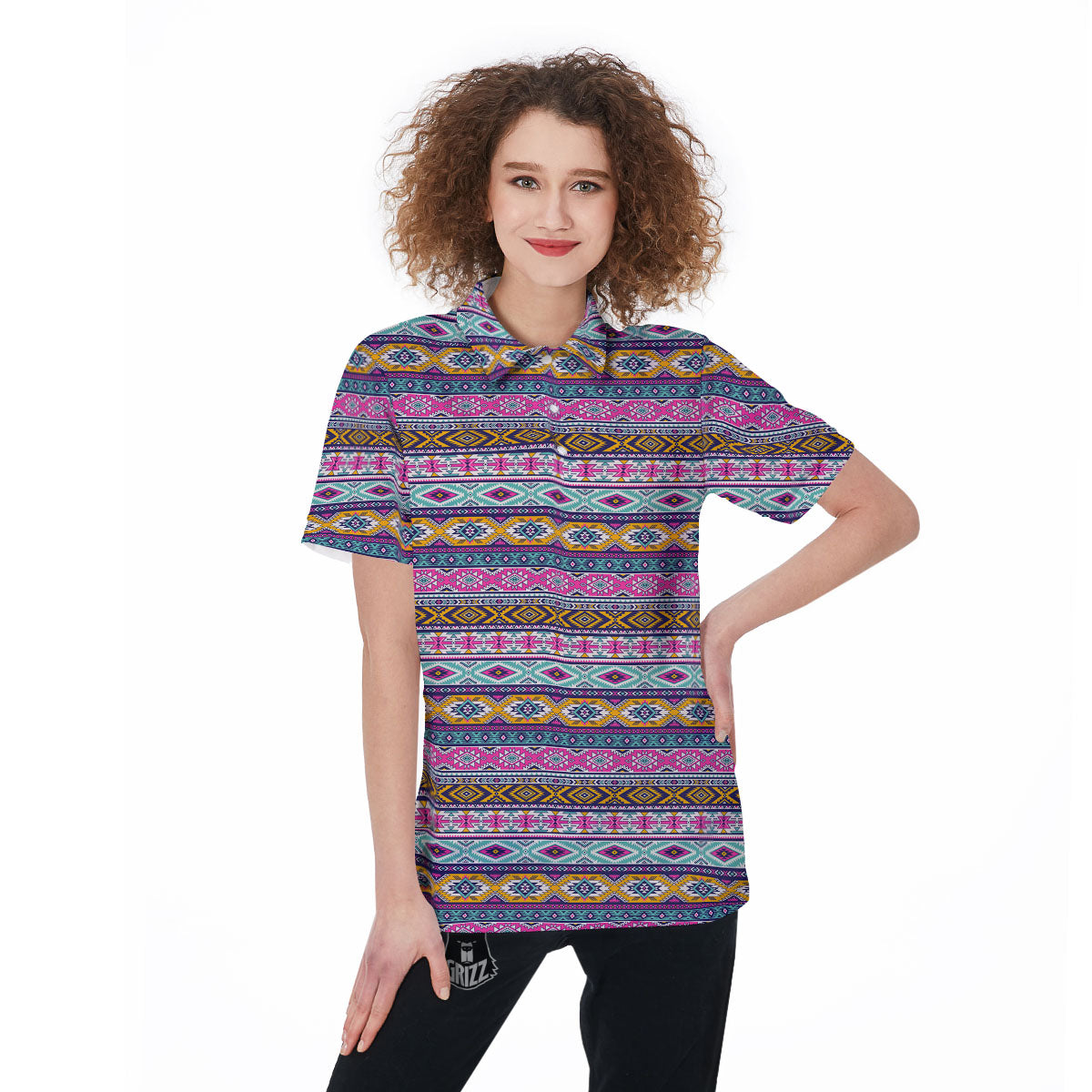 Aztec Bright Colors Print Pattern Women's Golf Shirts-grizzshop