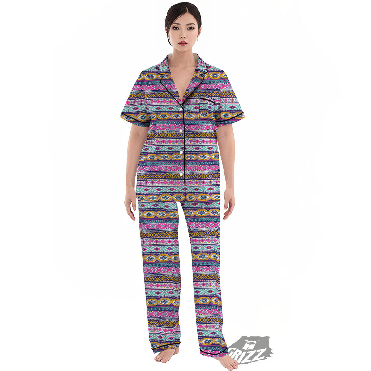 Aztec Bright Colors Print Pattern Women's Pajamas Set-grizzshop
