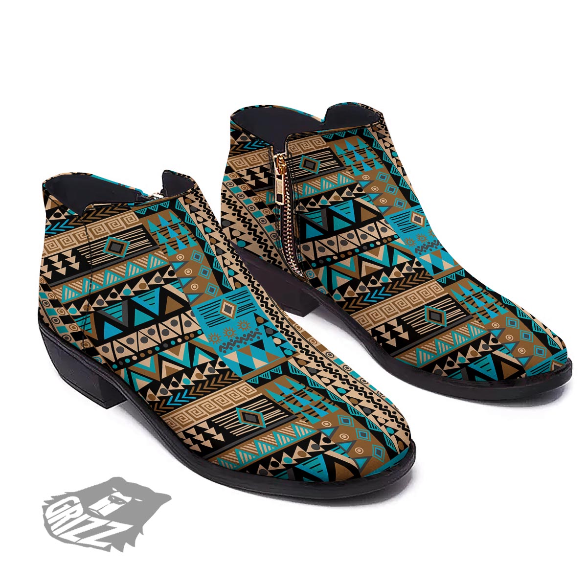 Aztec Brown And Teal Print Pattern Ankle Boots-grizzshop