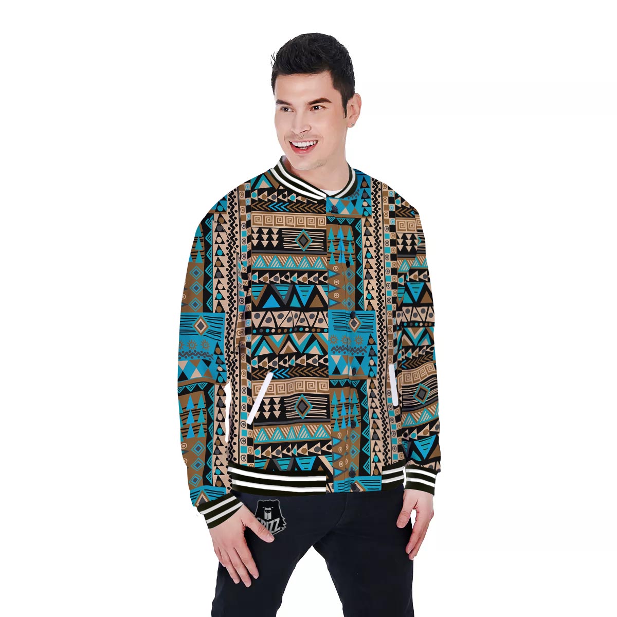 Aztec Brown And Teal Print Pattern Baseball Jacket-grizzshop
