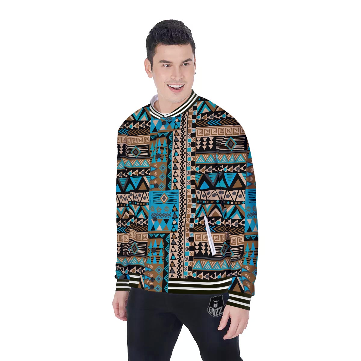 Aztec Brown And Teal Print Pattern Baseball Jacket-grizzshop