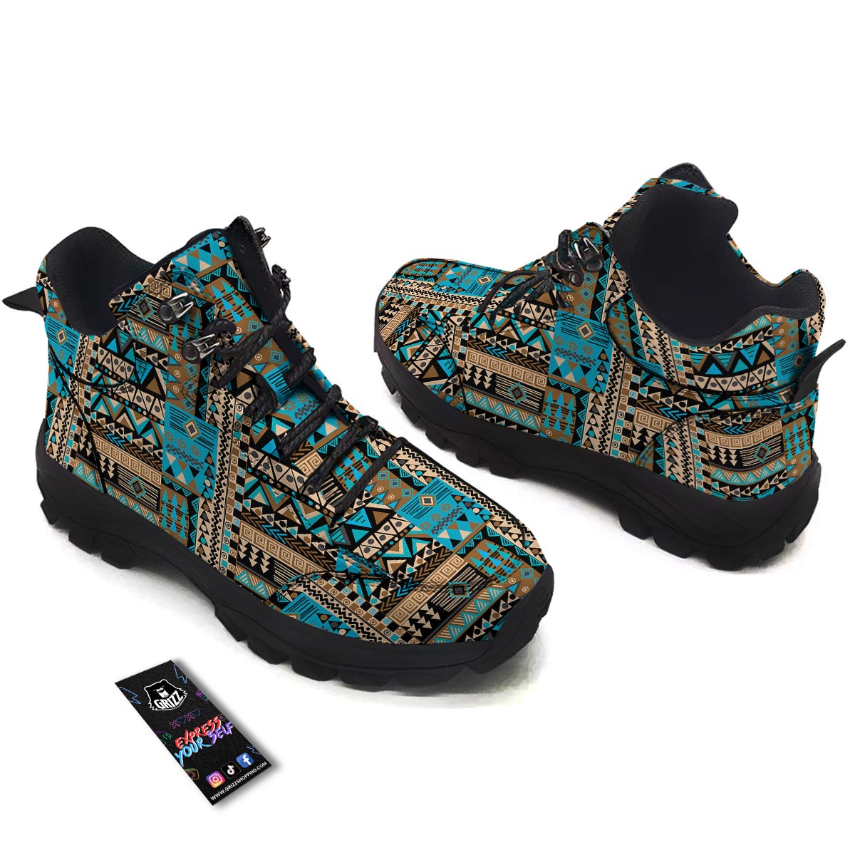 Aztec Brown And Teal Print Pattern Hiking Shoes-grizzshop