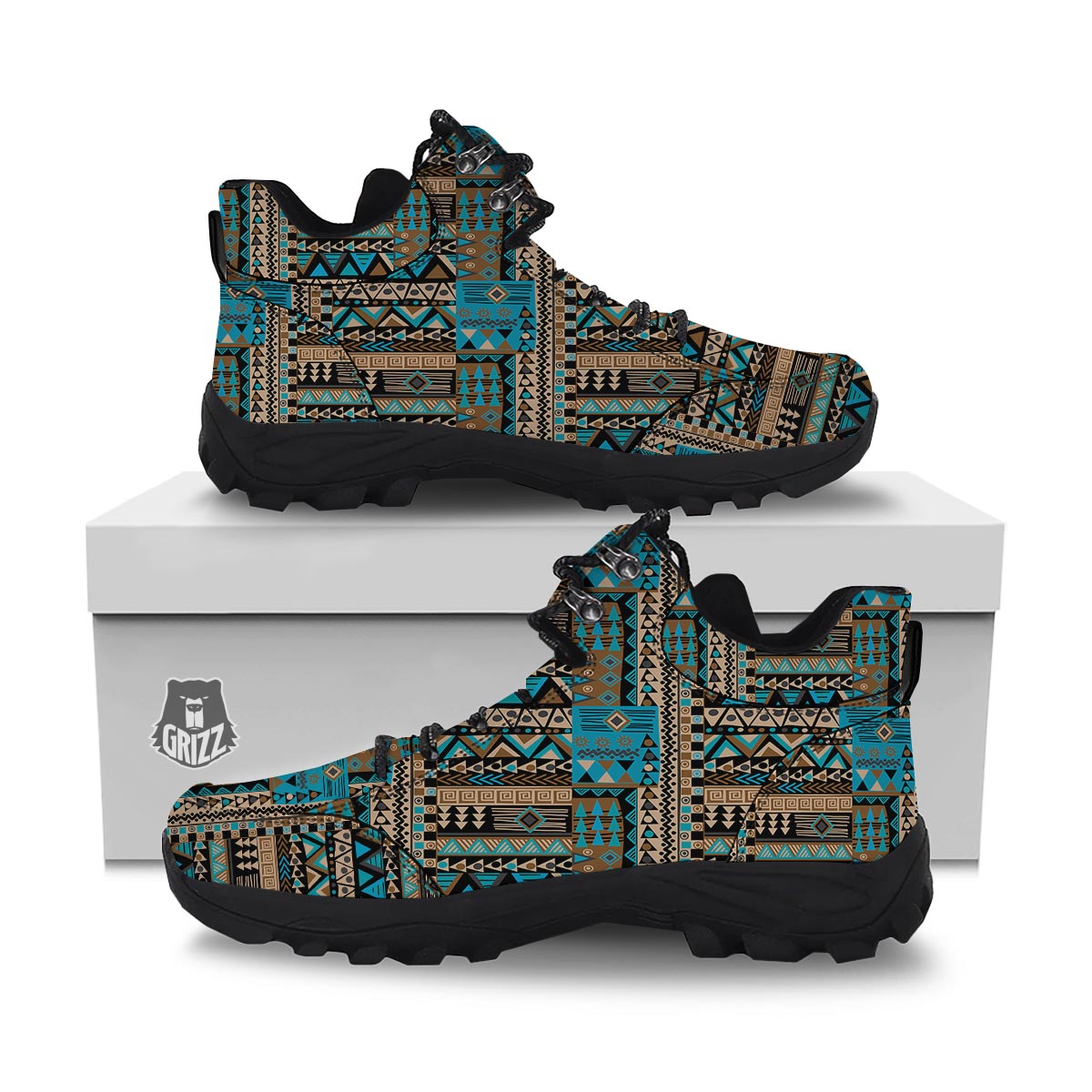 Aztec Brown And Teal Print Pattern Hiking Shoes-grizzshop