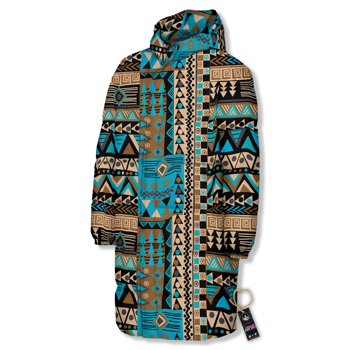 Aztec Brown And Teal Print Pattern Long Down Jacket-grizzshop