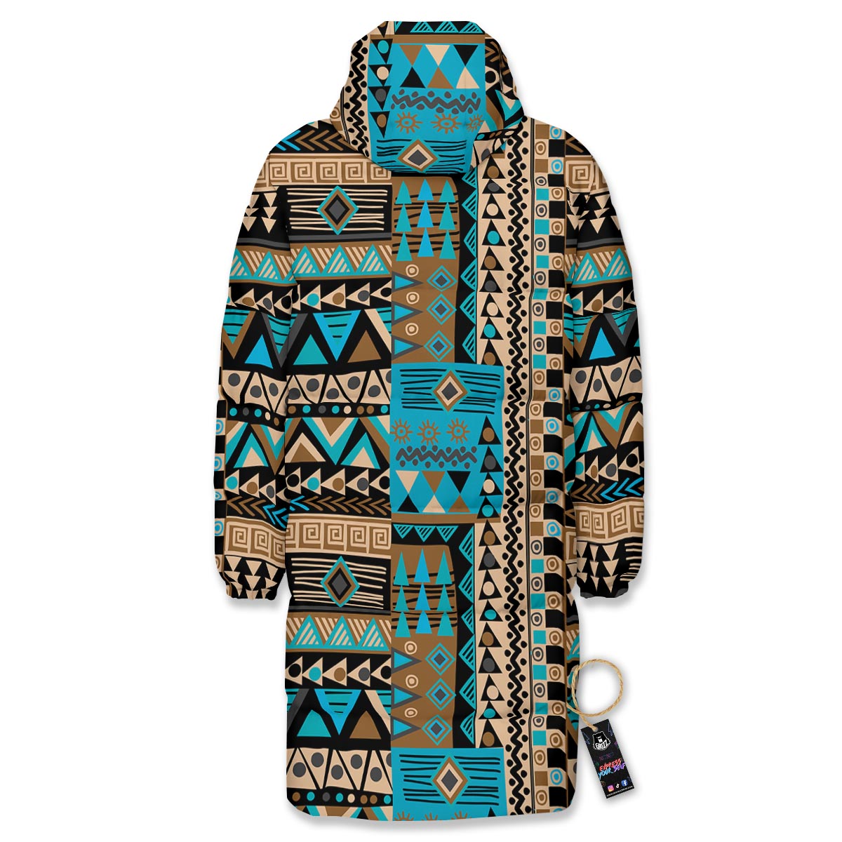 Aztec Brown And Teal Print Pattern Long Down Jacket-grizzshop
