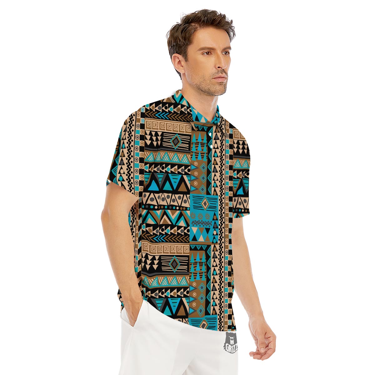 Aztec Brown And Teal Print Pattern Men's Golf Shirts-grizzshop