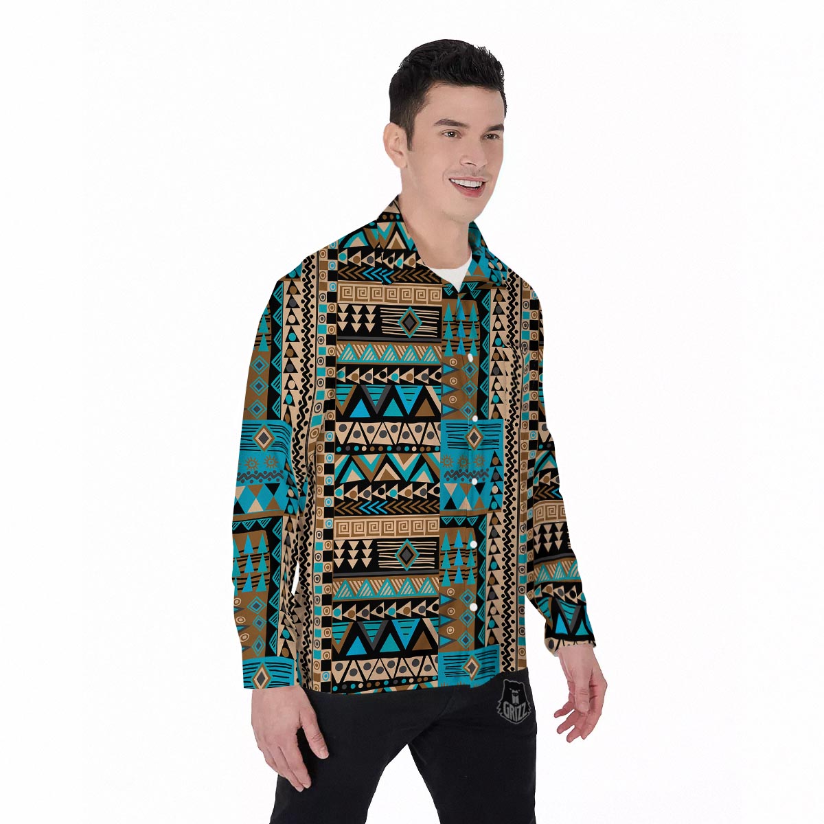 Aztec Brown And Teal Print Pattern Men's Long Sleeve Shirts-grizzshop