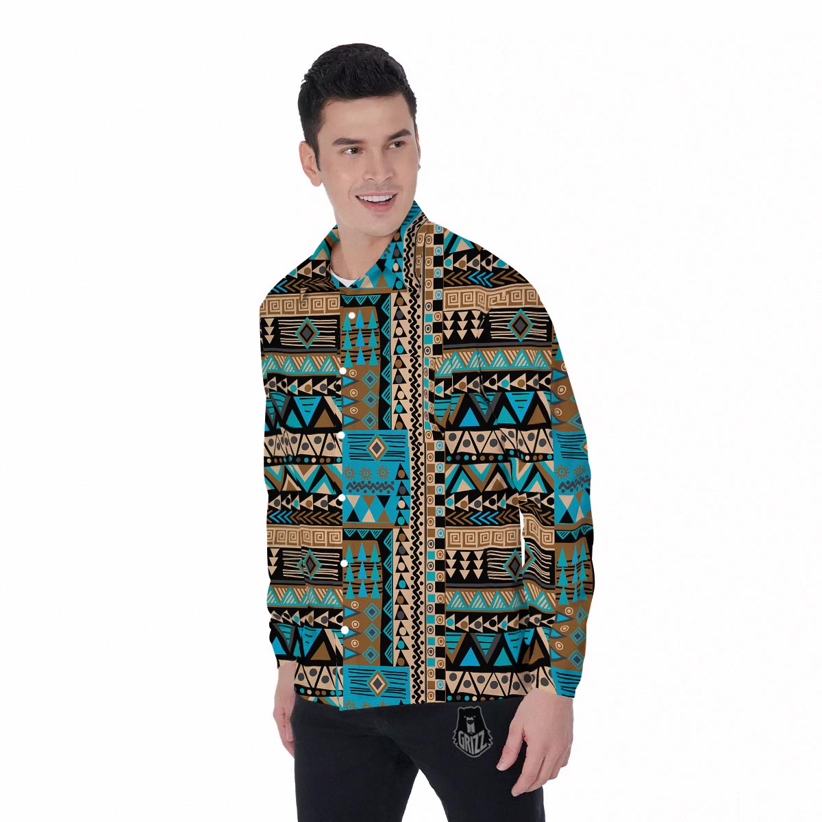Aztec Brown And Teal Print Pattern Men's Long Sleeve Shirts-grizzshop