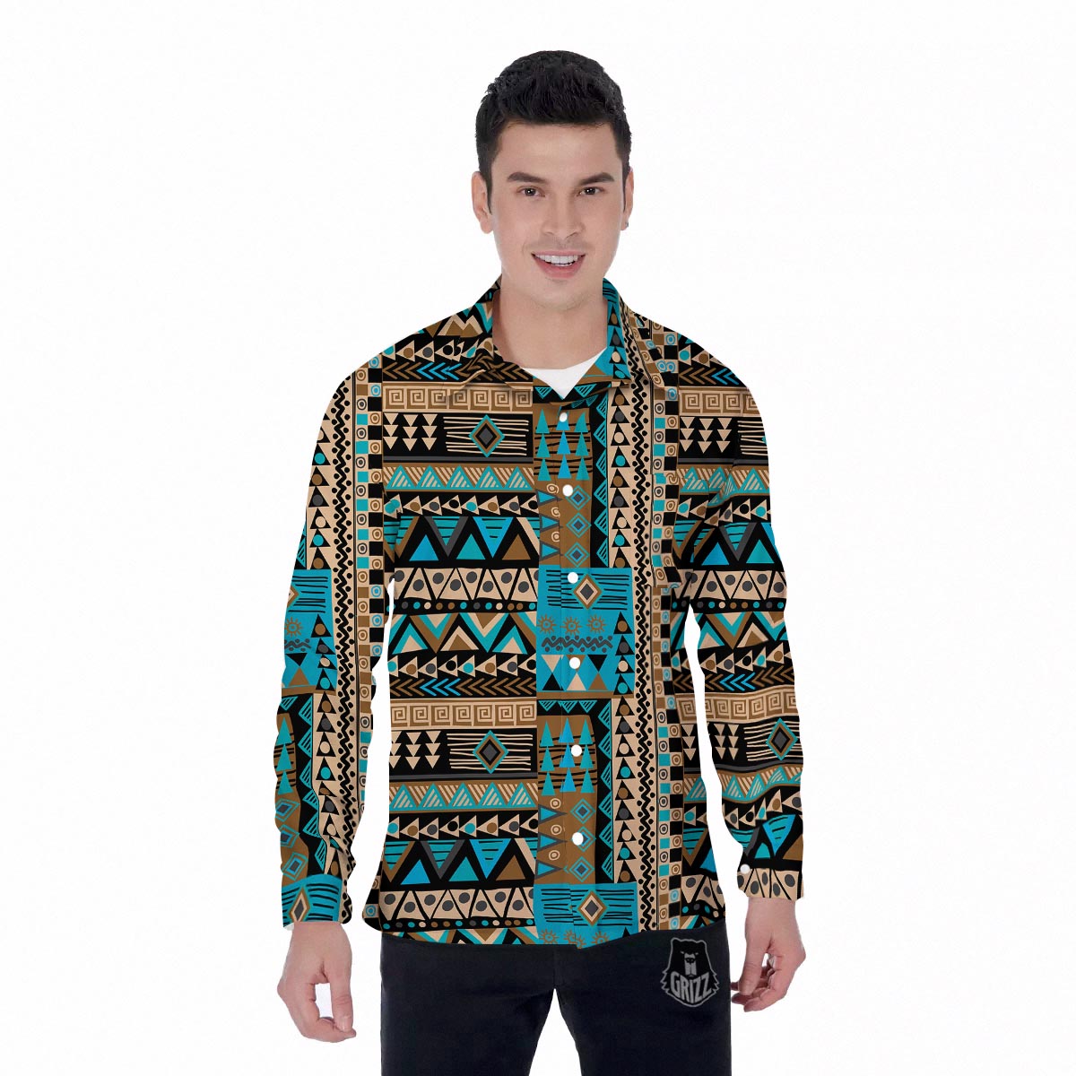 Aztec Brown And Teal Print Pattern Men's Long Sleeve Shirts-grizzshop