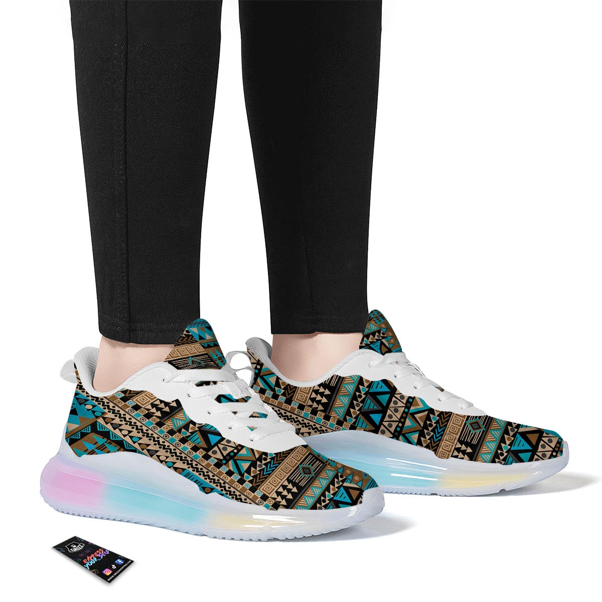 Aztec Brown And Teal Print Pattern Running Sneakers-grizzshop