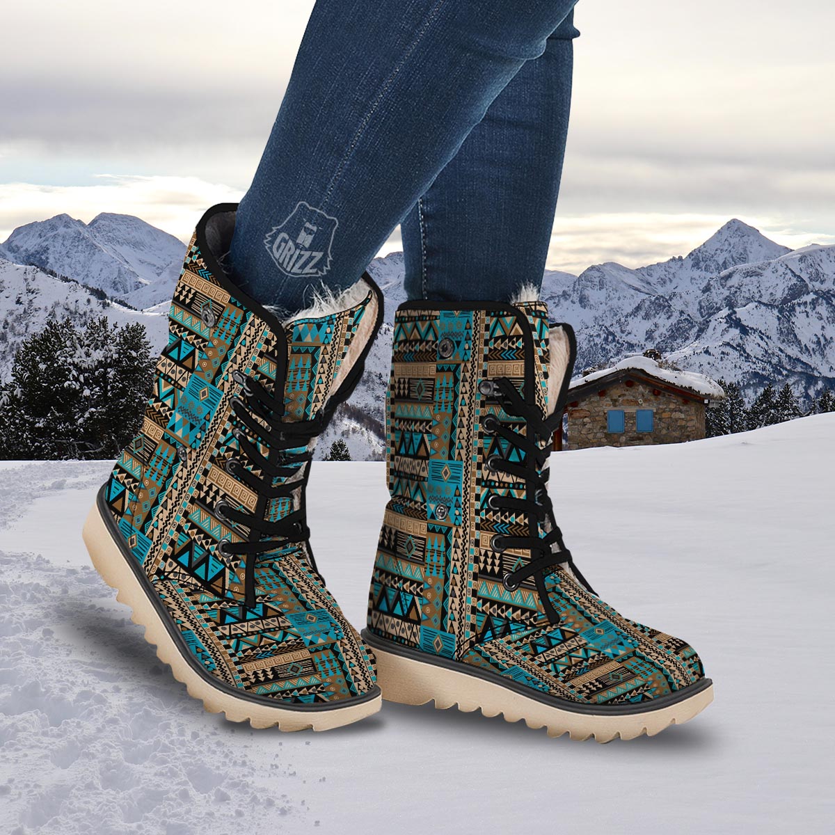 Aztec Brown And Teal Print Pattern Snow Boots-grizzshop