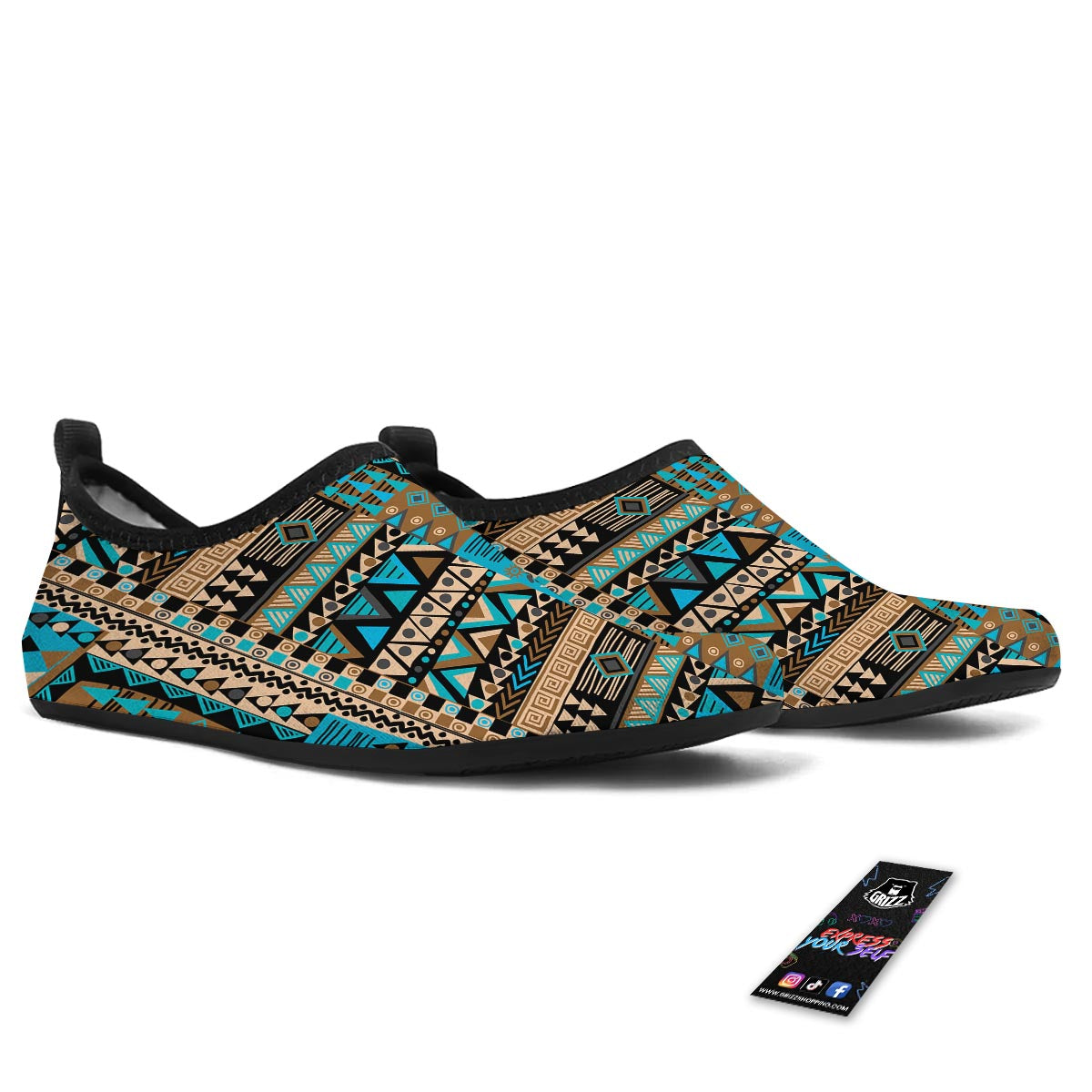 Aztec Brown And Teal Print Pattern Water Shoes-grizzshop