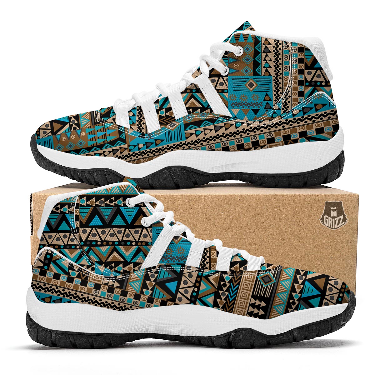 Aztec Brown And Teal Print Pattern White Bball Shoes-grizzshop