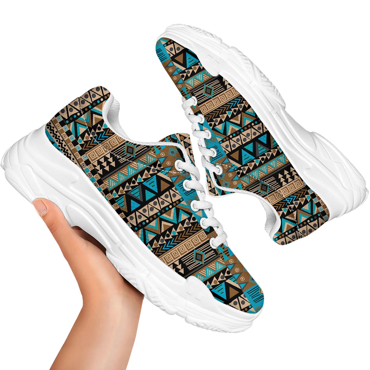 Aztec Brown And Teal Print Pattern White Chunky Shoes-grizzshop