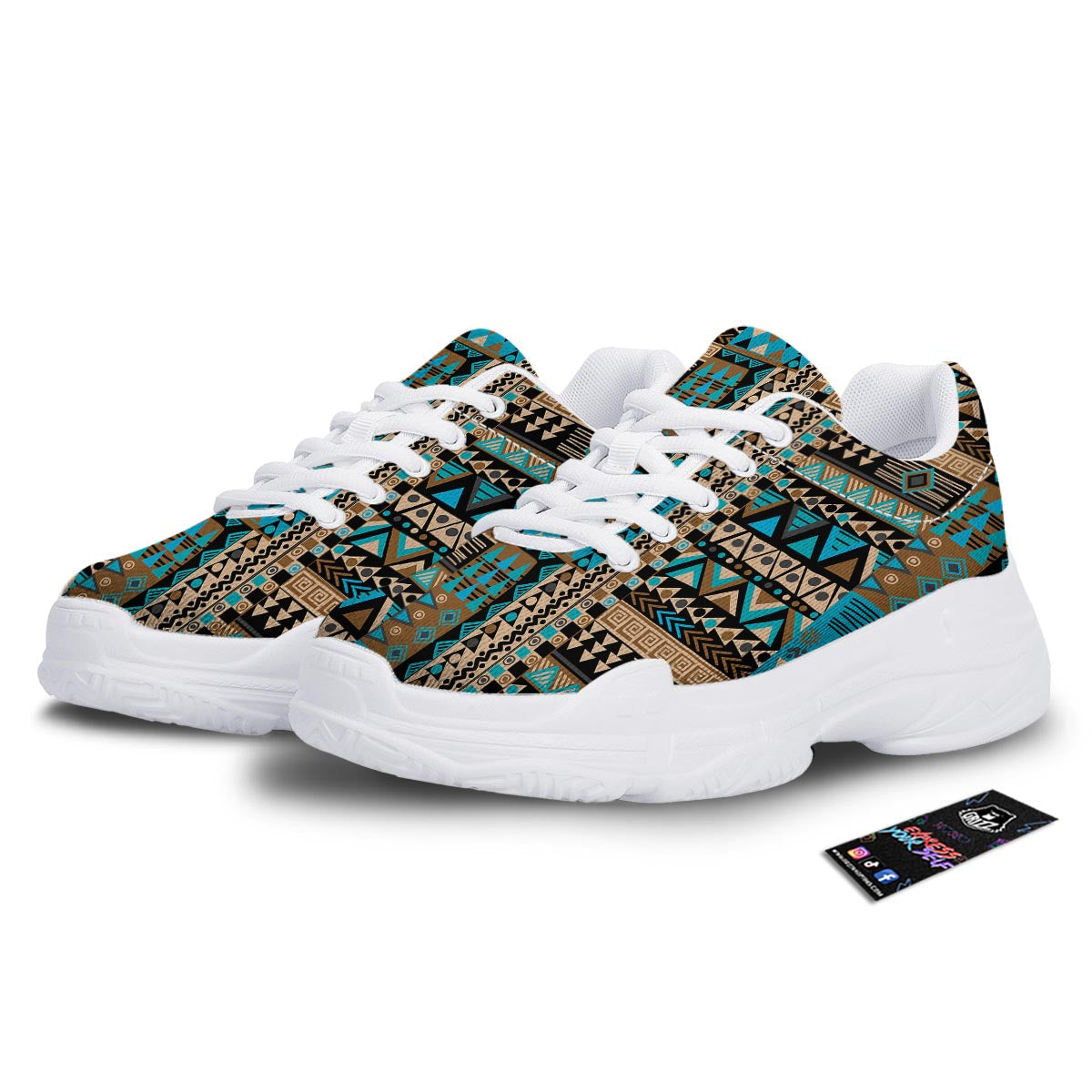 Aztec Brown And Teal Print Pattern White Chunky Shoes-grizzshop