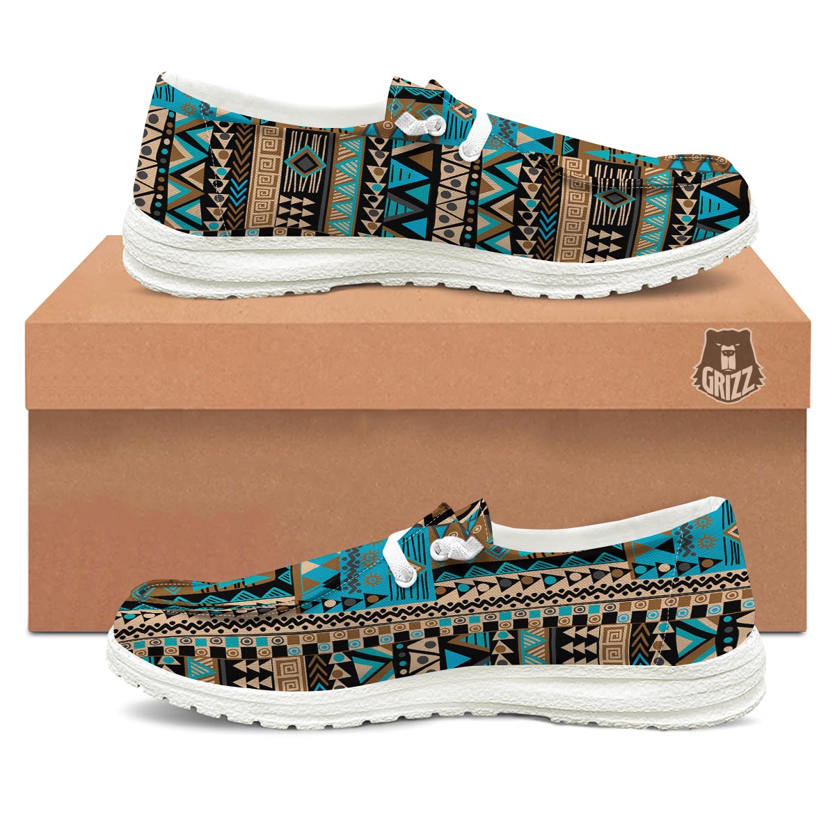 Aztec Brown And Teal Print Pattern White Loafers-grizzshop