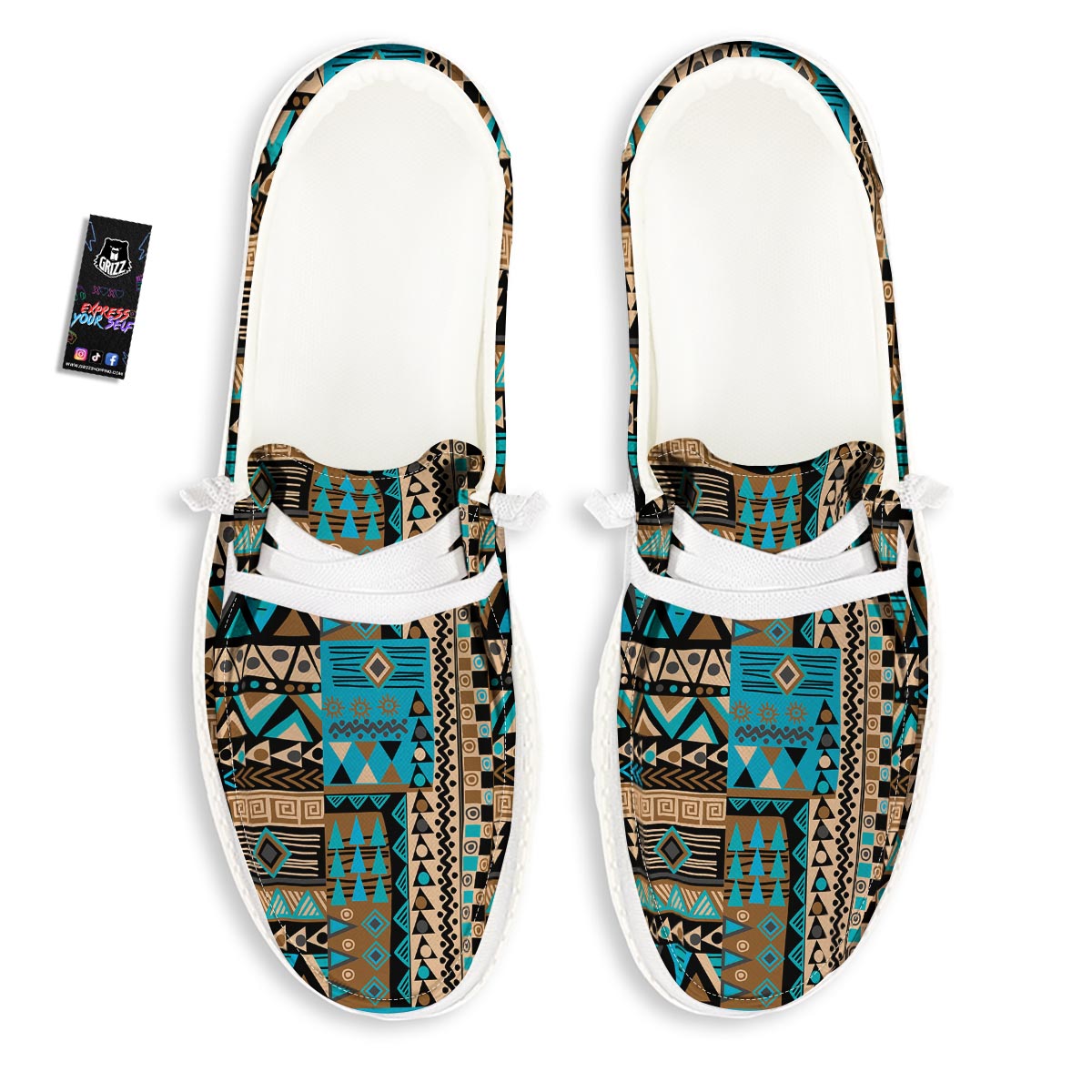 Aztec Brown And Teal Print Pattern White Loafers-grizzshop