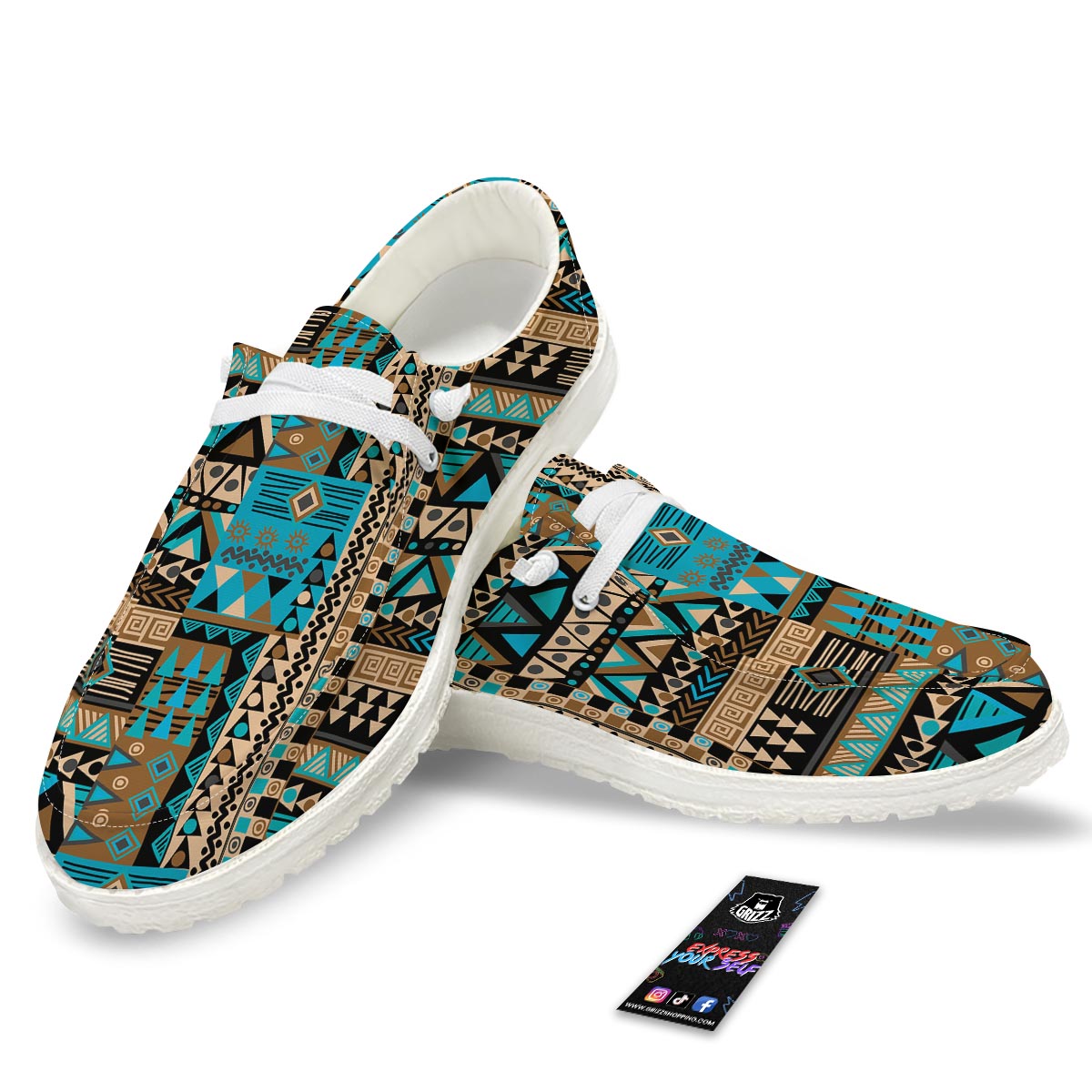 Aztec Brown And Teal Print Pattern White Loafers-grizzshop