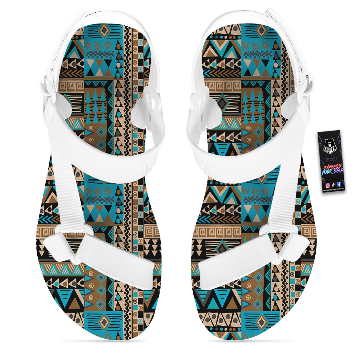 Aztec Brown And Teal Print Pattern White Open Toe Sandals-grizzshop
