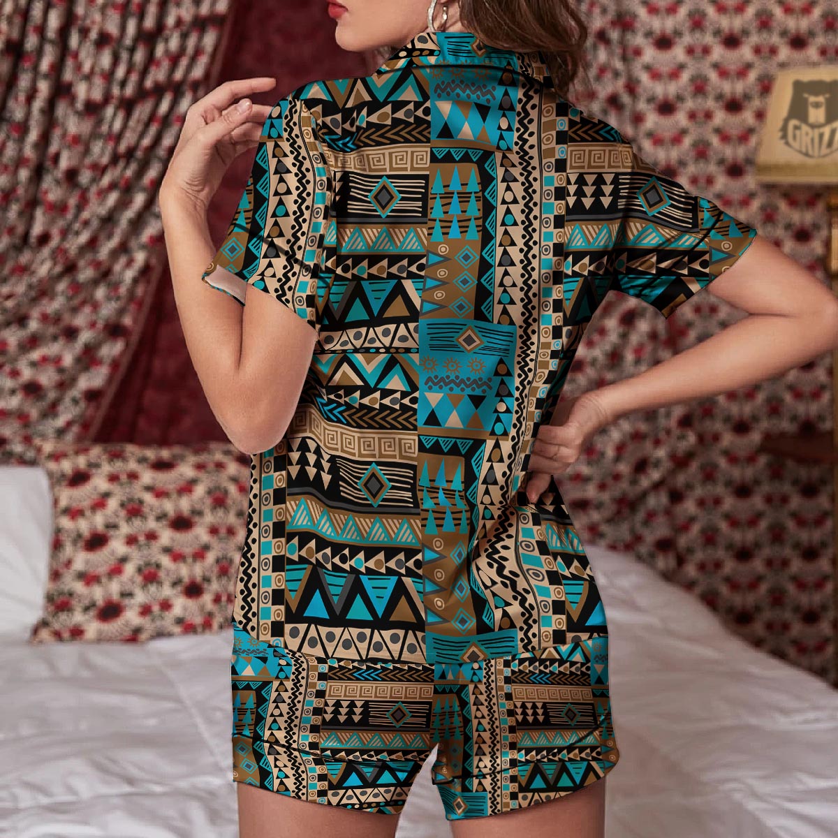 Aztec Brown And Teal Print Pattern Women Silk Pajamas-grizzshop