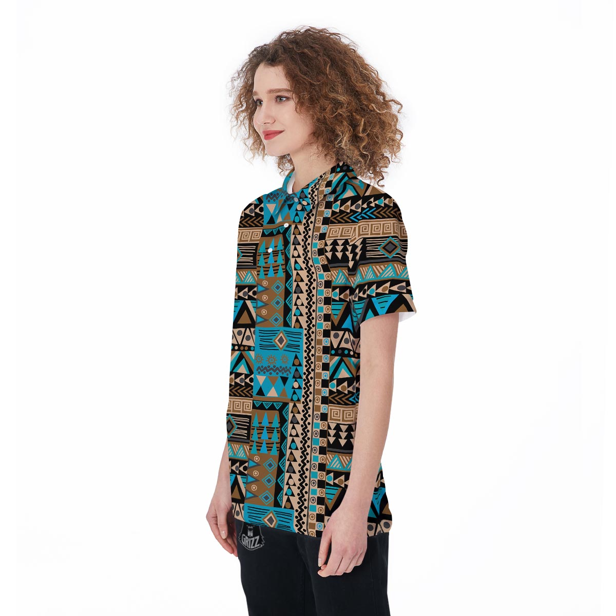 Aztec Brown And Teal Print Pattern Women's Golf Shirts-grizzshop