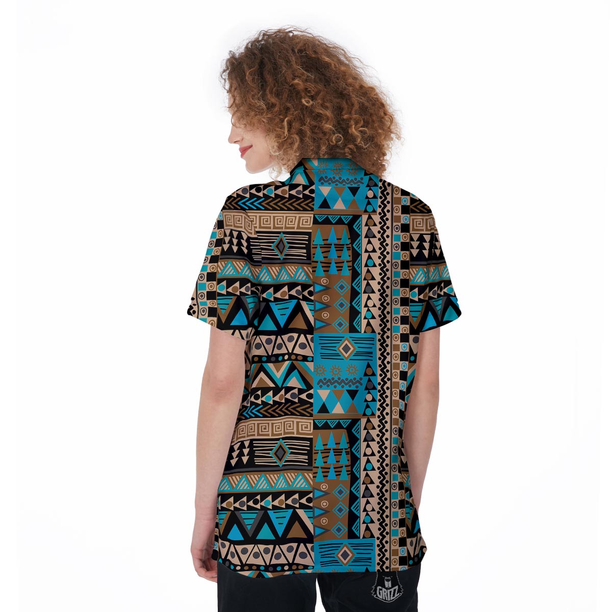 Aztec Brown And Teal Print Pattern Women's Golf Shirts-grizzshop