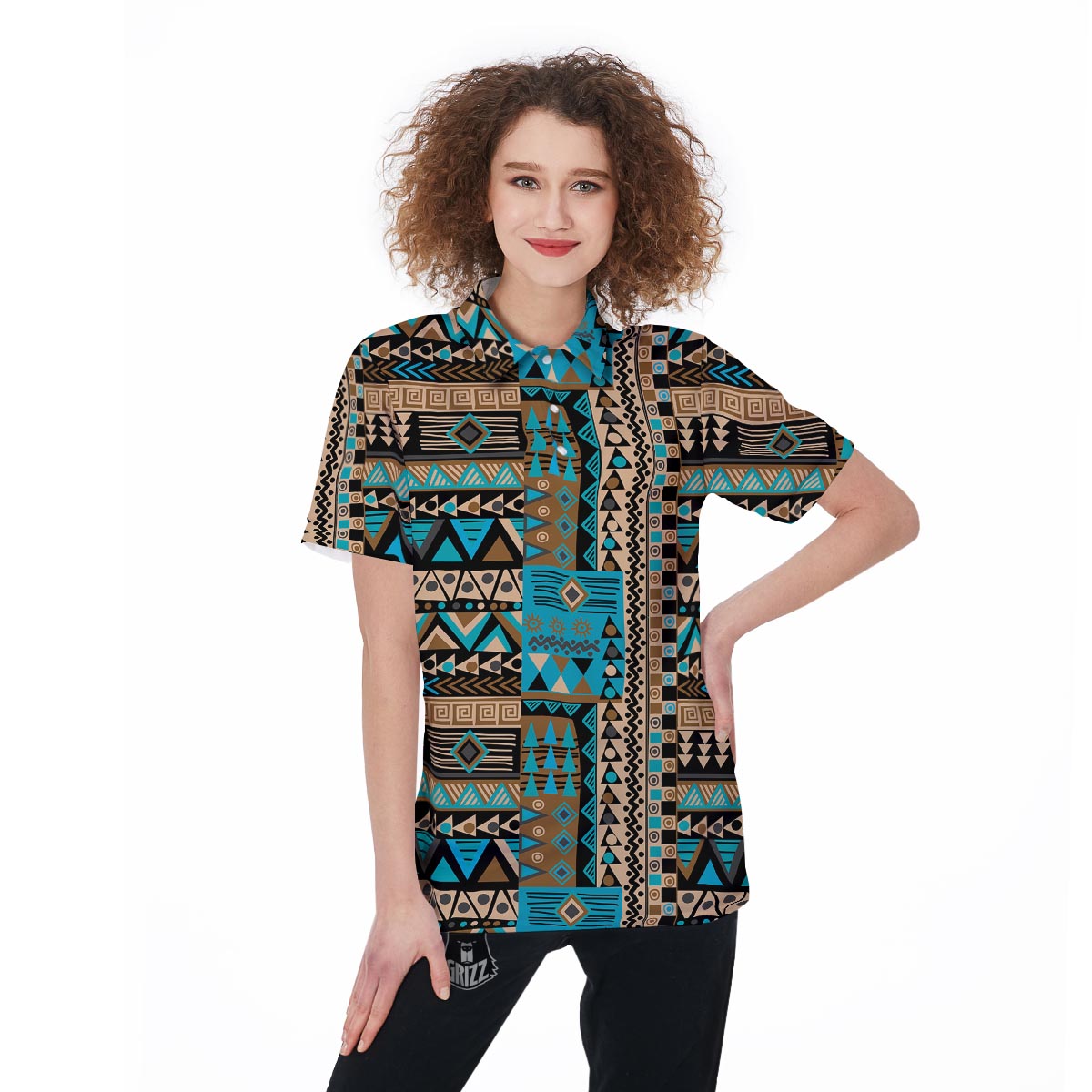 Aztec Brown And Teal Print Pattern Women's Golf Shirts-grizzshop