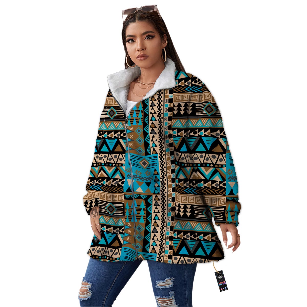Aztec Brown And Teal Print Pattern Women's Sherpa Jacket-grizzshop