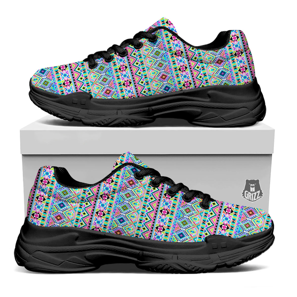 Aztec Colorful Print Pattern Black Chunky Shoes-grizzshop