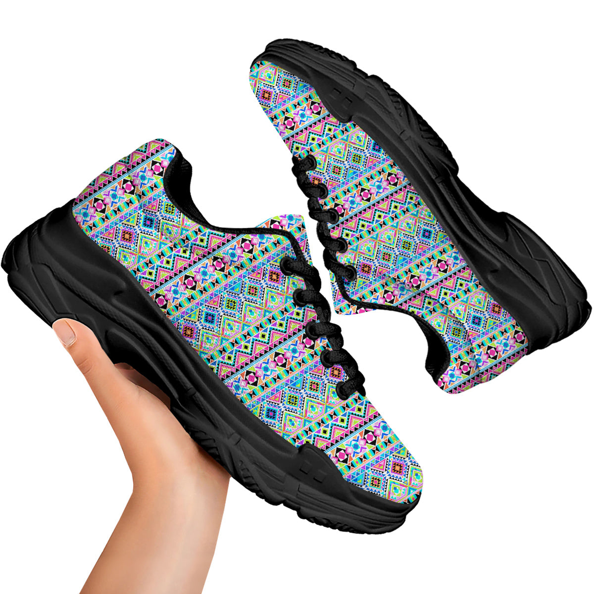 Aztec Colorful Print Pattern Black Chunky Shoes-grizzshop