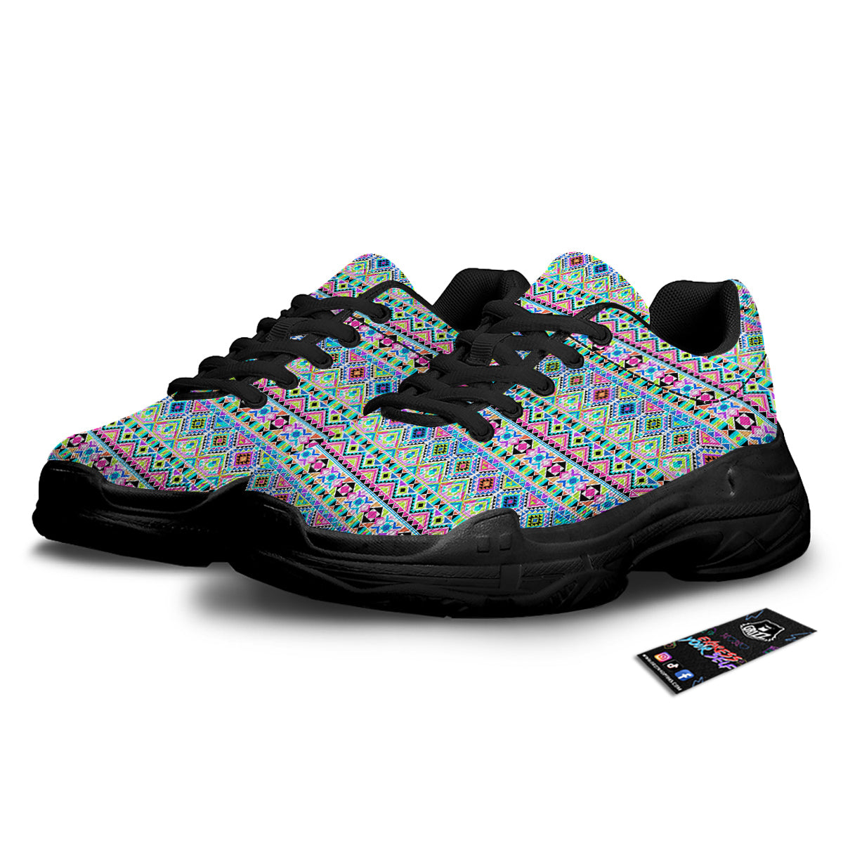 Aztec Colorful Print Pattern Black Chunky Shoes-grizzshop
