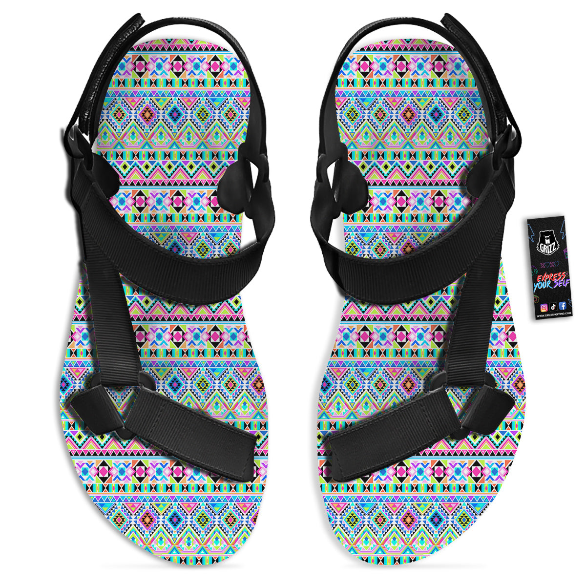 Aztec Colorful Print Pattern Black Open Toe Sandals-grizzshop