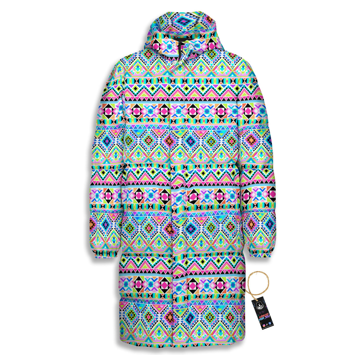 Aztec Colorful Print Pattern Long Down Jacket-grizzshop