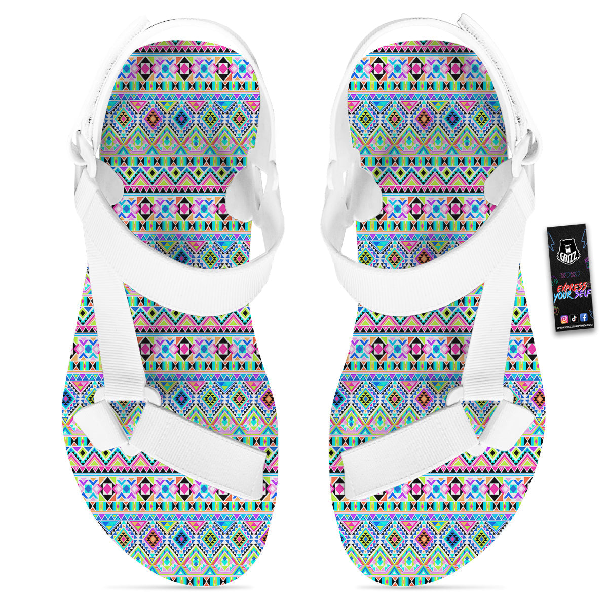 Aztec Colorful Print Pattern White Open Toe Sandals-grizzshop