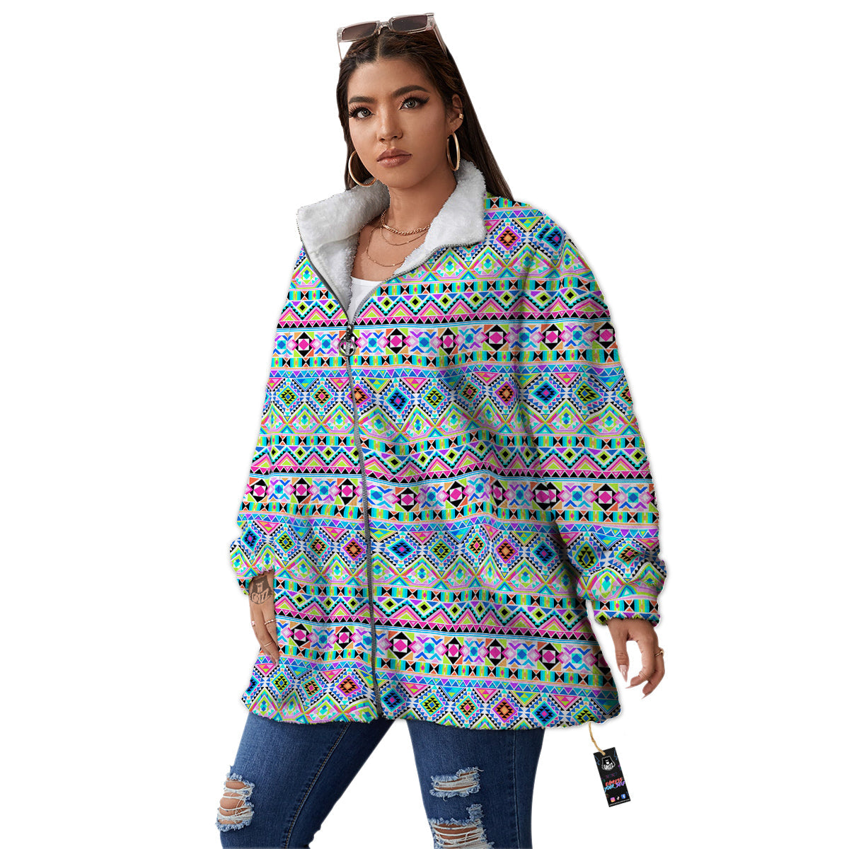 Aztec Colorful Print Pattern Women's Sherpa Jacket-grizzshop