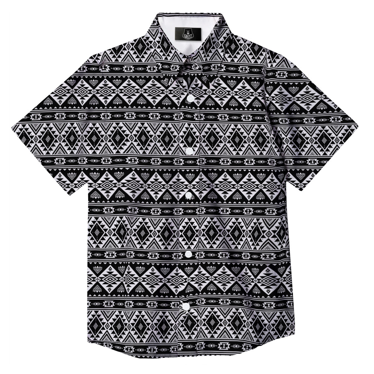 Aztec Dark Grey Print Pattern Button Up Shirt-grizzshop