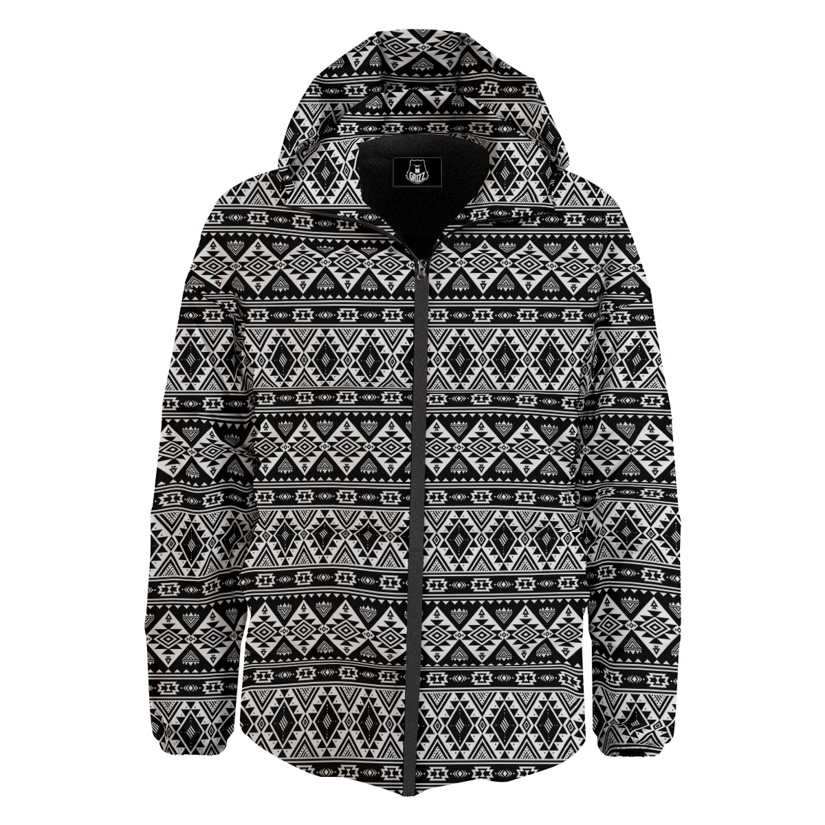 Aztec Dark Grey Print Pattern Down Jacket-grizzshop