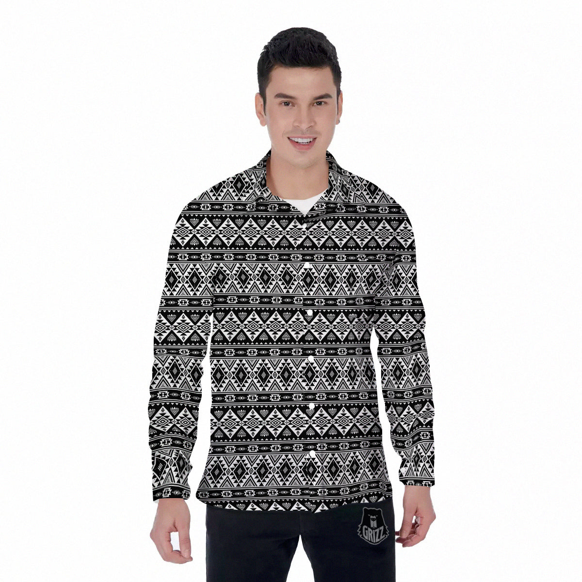 Aztec Dark Grey Print Pattern Men's Long Sleeve Shirts-grizzshop