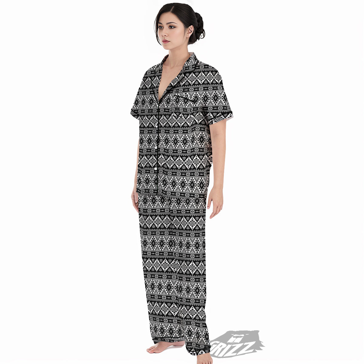 Aztec Dark Grey Print Pattern Women's Pajamas Set-grizzshop