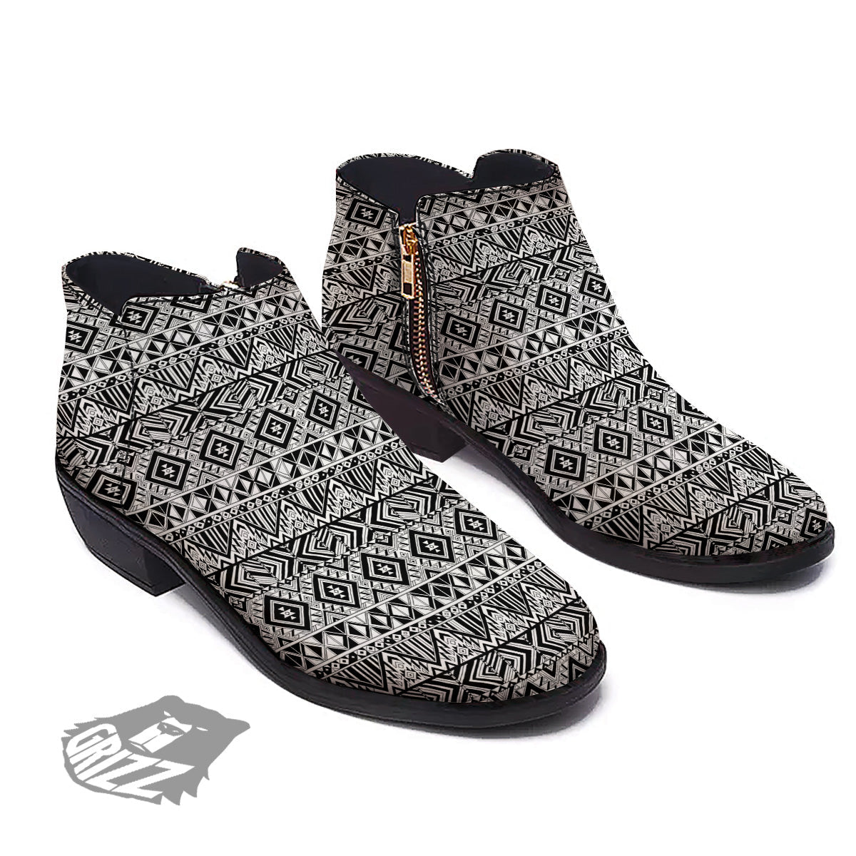 Aztec Ethnic White And Black Print Ankle Boots-grizzshop