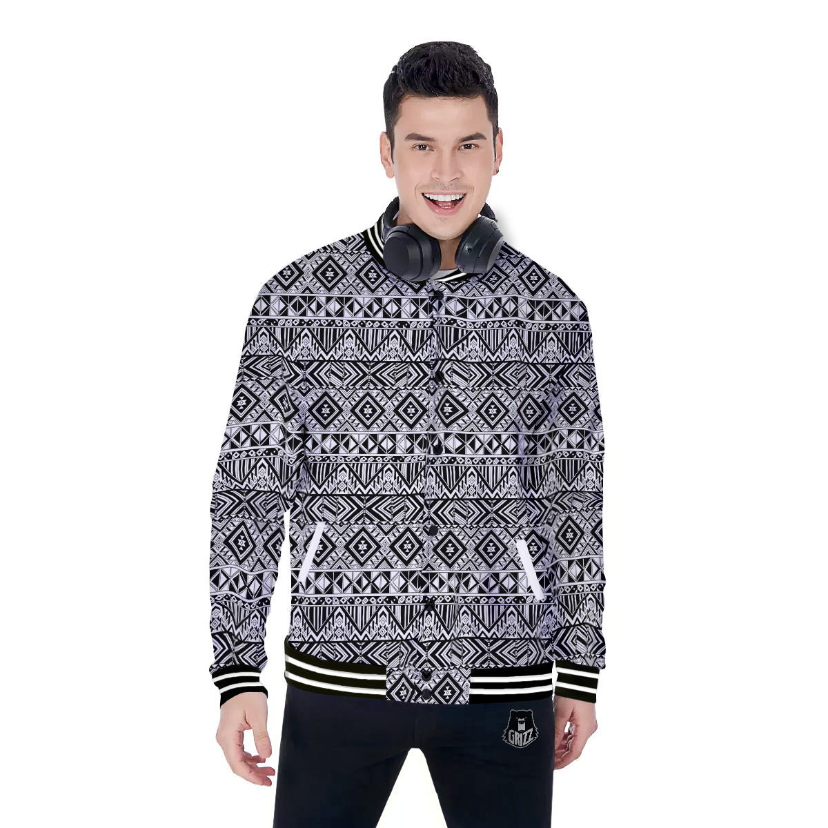 Aztec Ethnic White And Black Print Baseball Jacket-grizzshop