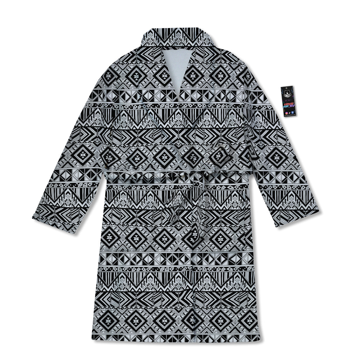 Aztec Ethnic White And Black Print Bathrobe-grizzshop