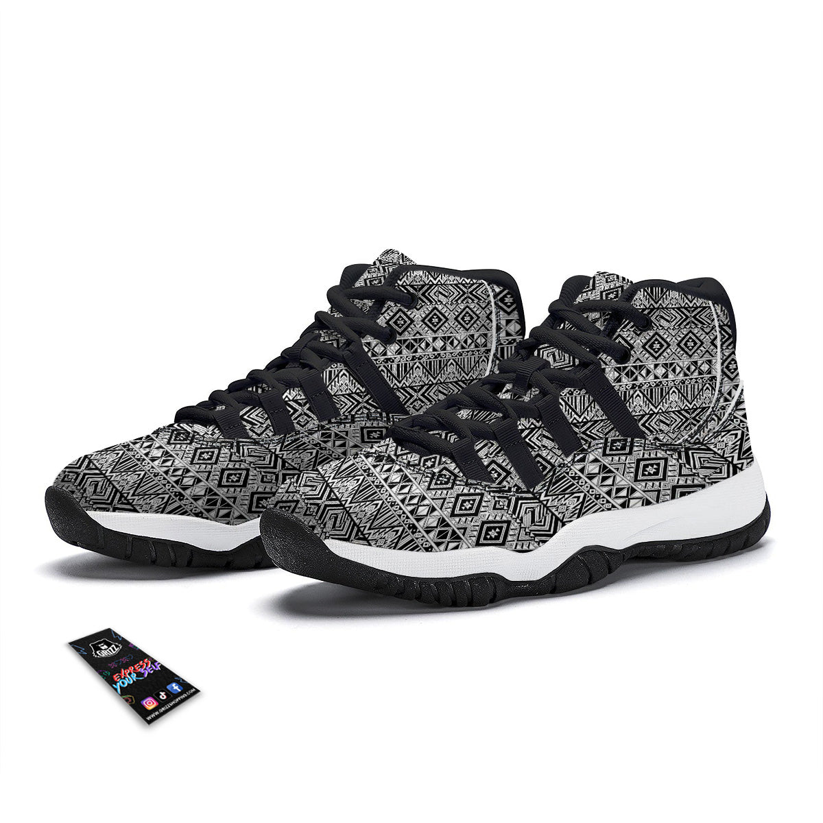 Aztec Ethnic White And Black Print Black Bball Shoes-grizzshop