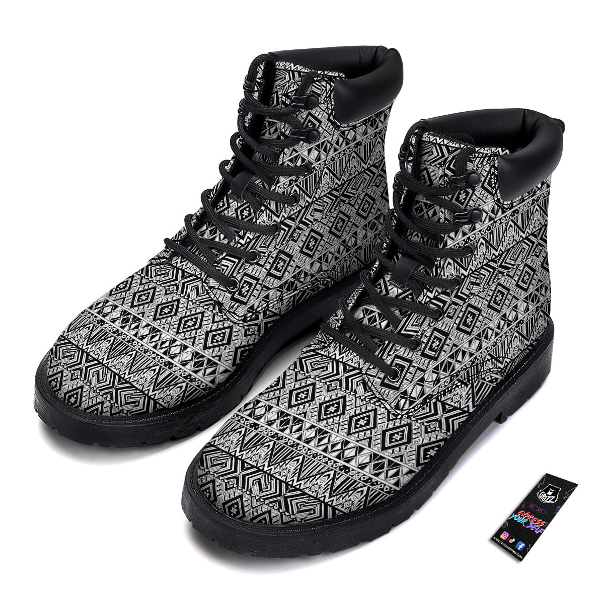 Aztec Ethnic White And Black Print Boots-grizzshop