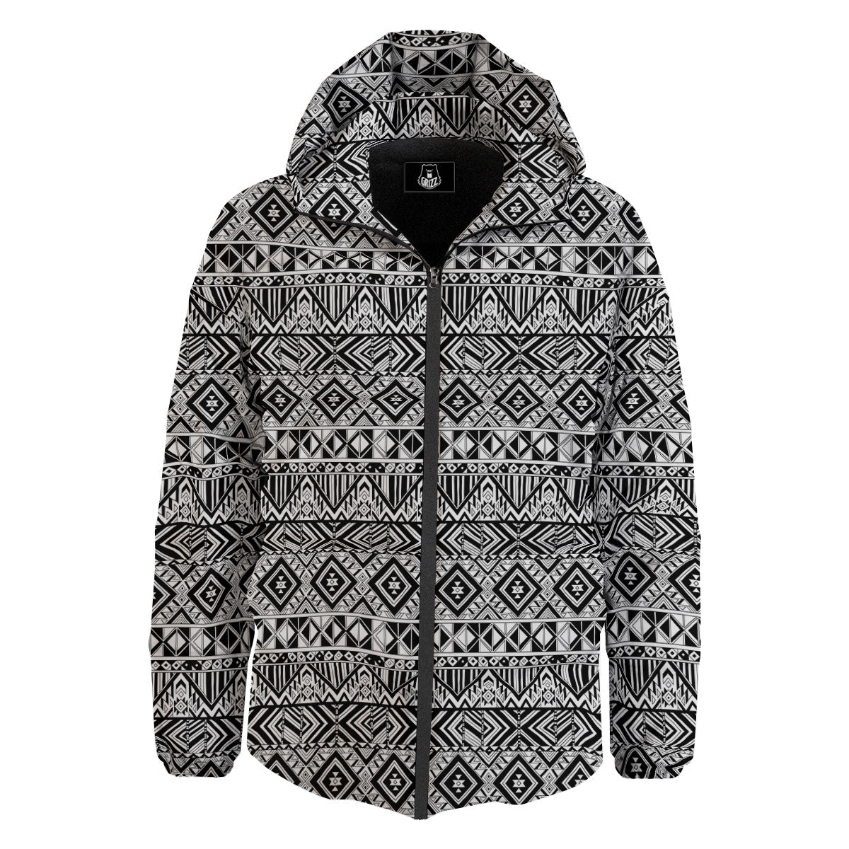 Aztec Ethnic White And Black Print Down Jacket-grizzshop